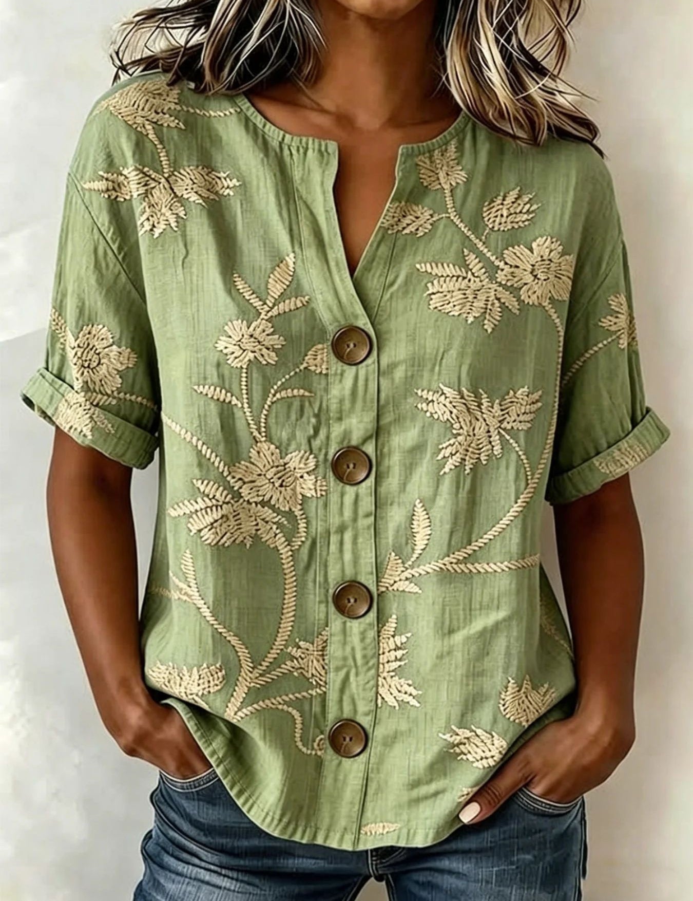Antonella Marchese | Embroidered Floral Button-Up Blouse For Women