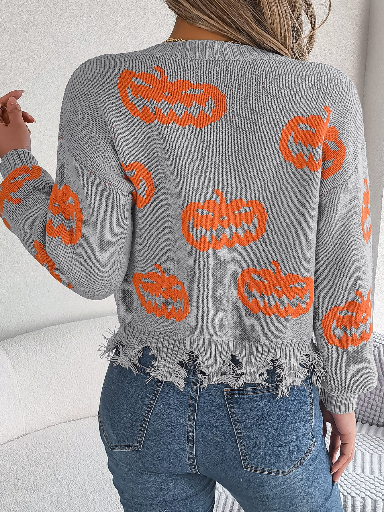 Marina Castellucci | Pumpkin Print Distressed Sweater For Women