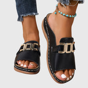 Lucinda Vanbrace | White Gold Buckle Slip-On Sandals