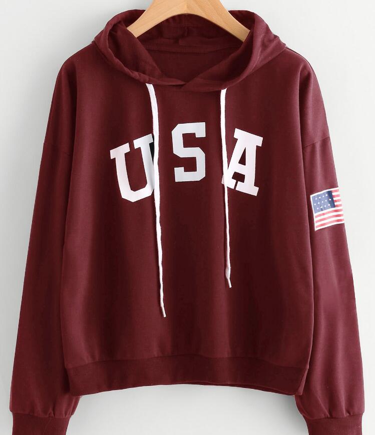 Solene Perrault | Burgundy USA Print Veterans Day Hoodie For Women
