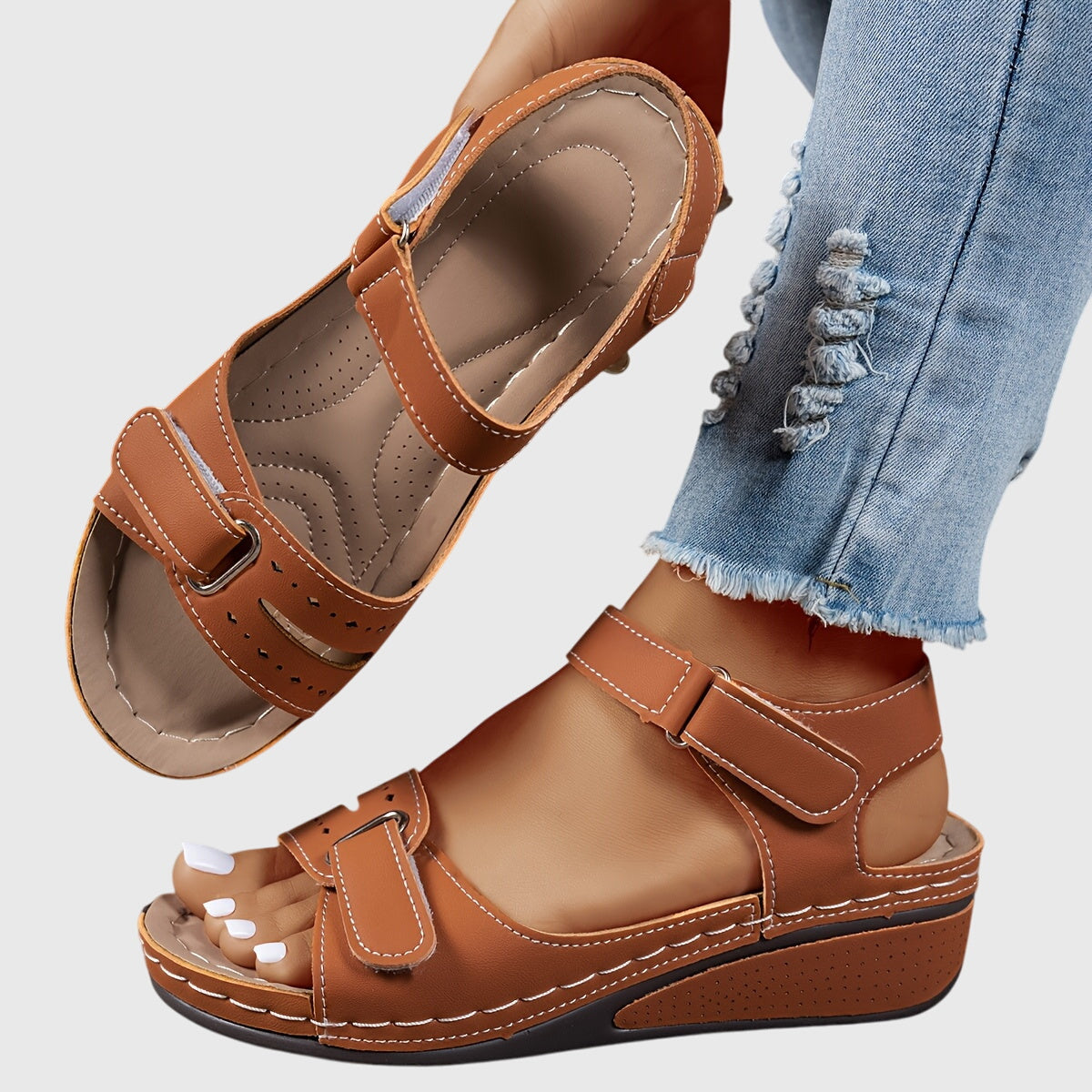 Renata Villefore | Red Orthopedic Wedge Sandals with Hook-and-Loop Strap