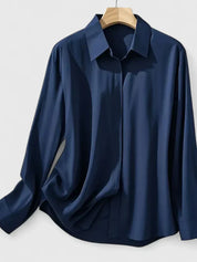 Vivienne Hartwell | Navy Blue Satin Long-Sleeve Button-Down Shirt