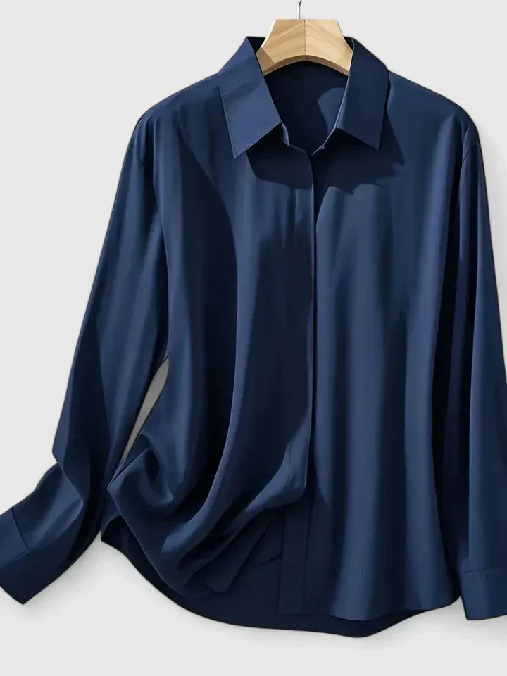 Vivienne Hartwell | Navy Blue Satin Long-Sleeve Button-Down Shirt