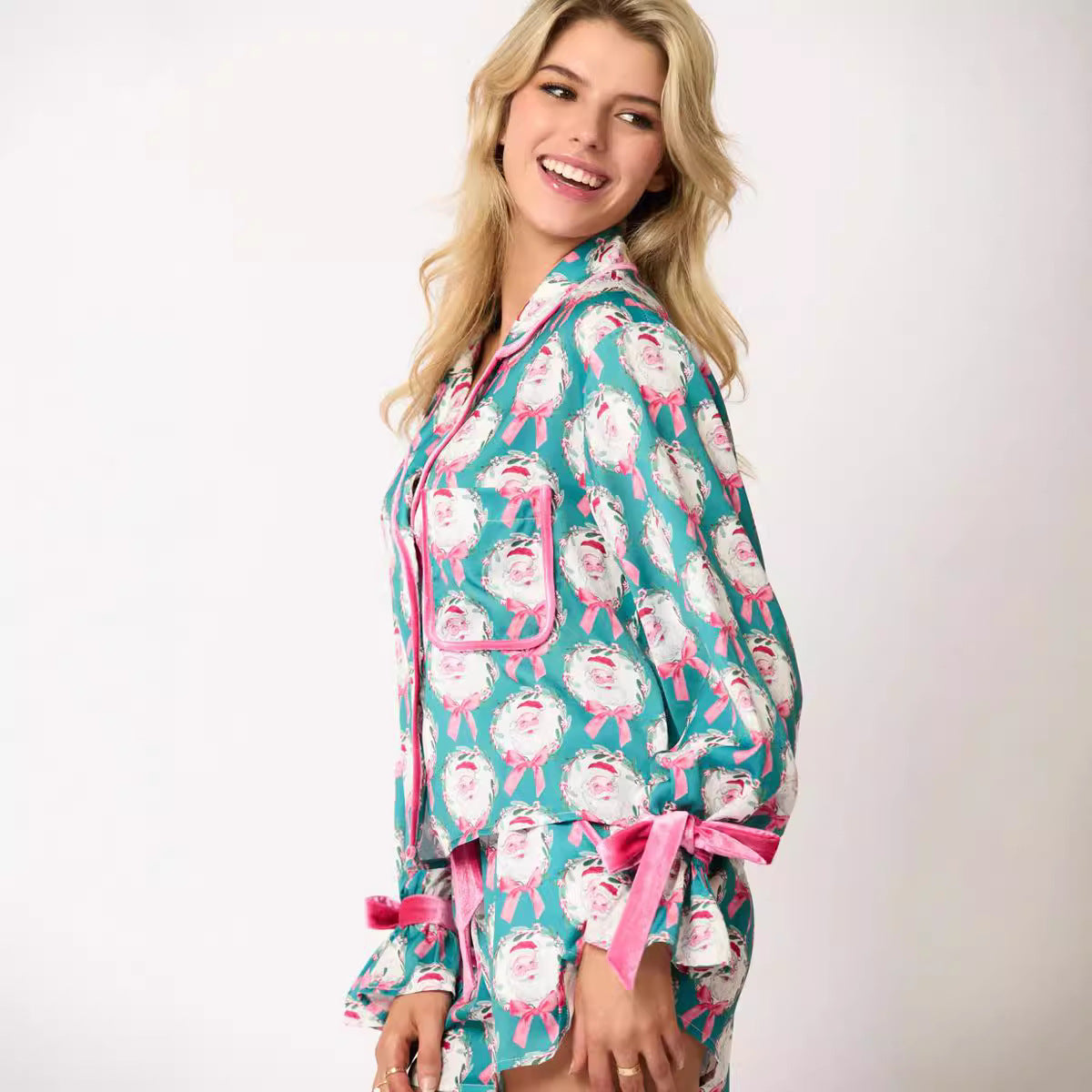 Bow Darling | Pink Santa Wreath Print Christmas Pyjamas For Women