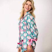 Bow Darling | Pink Santa Wreath Print Christmas Pyjamas For Women
