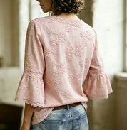 Marisol Beaufort | Blush Lace Trim Floral Embroidery Bell Sleeve Blouse For Women