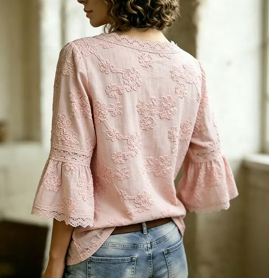 Marisol Beaufort | Blush Lace Trim Floral Embroidery Bell Sleeve Blouse For Women