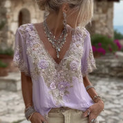 Adriana Bellini | Floral Embroidered V-Neck Blouse For Women