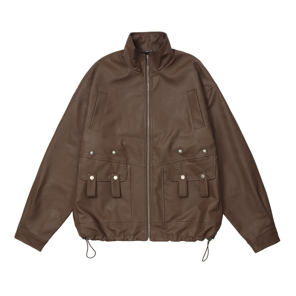 Rafael Moretti | Oversized Leather Jacket With Stand Collar For Men