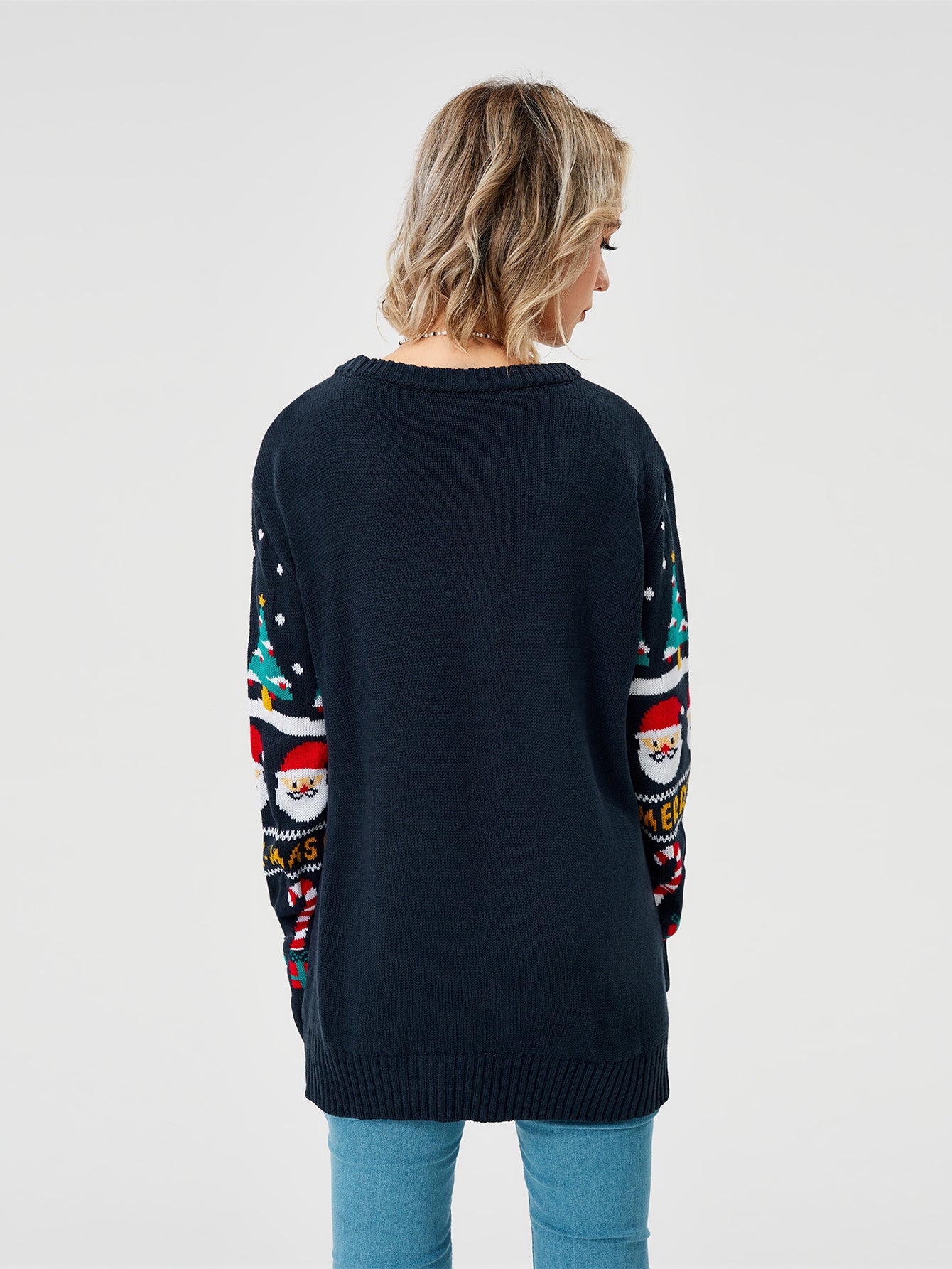 Snowy Cheer | Navy Santa Print Christmas Sweater For Women