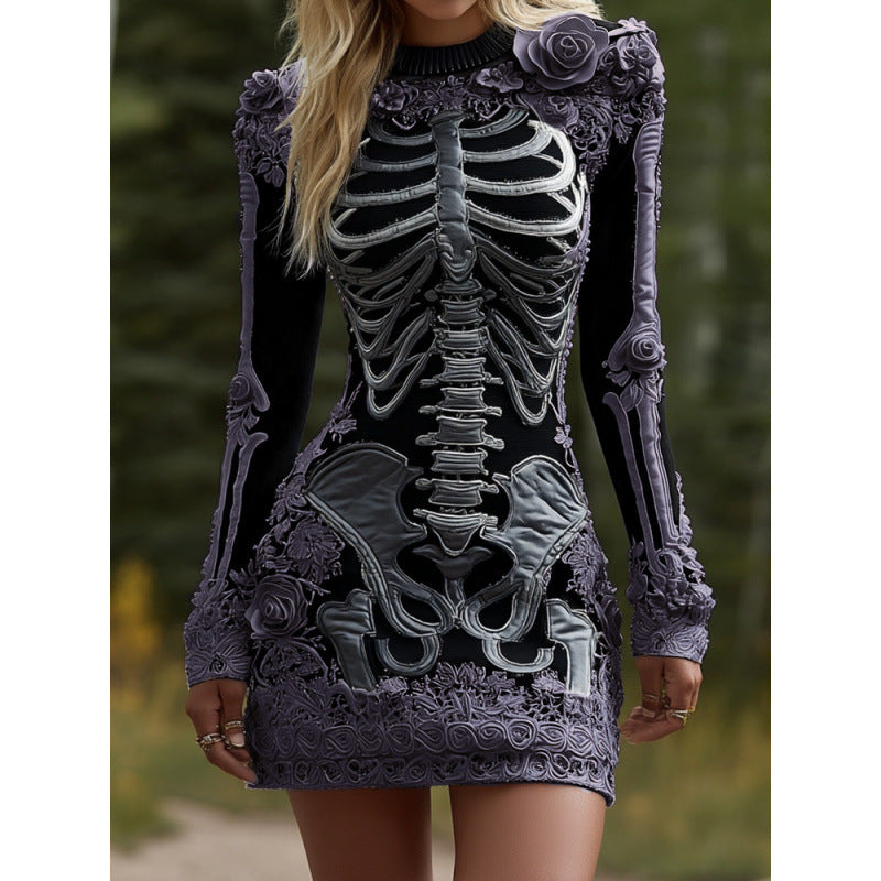Seraphine Blackwood | Halloween Skeleton Print Long Sleeve Maxi Dress For Women