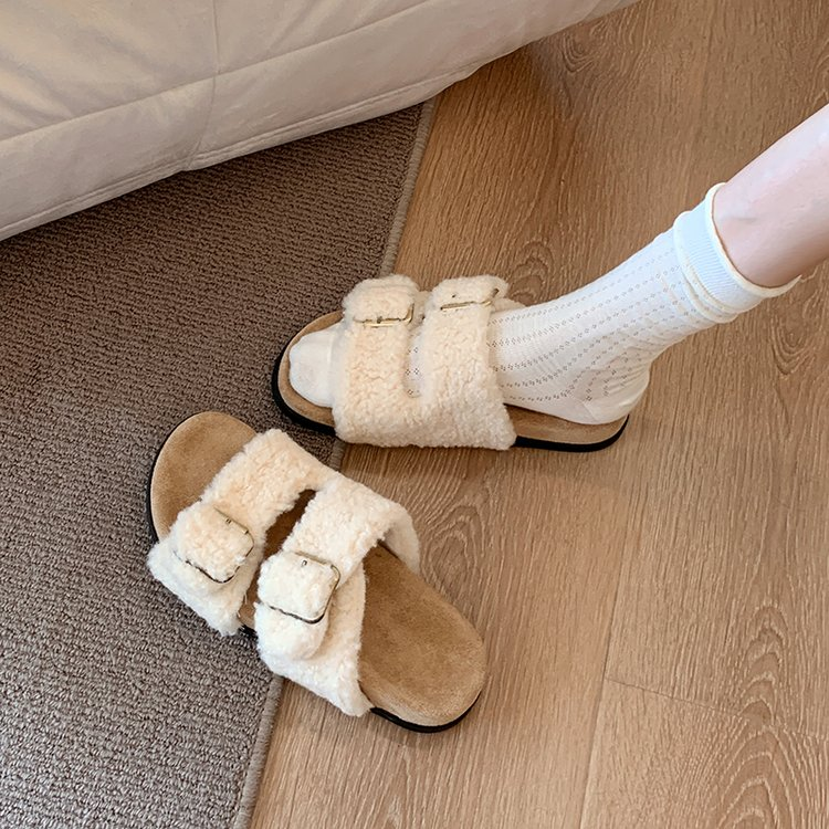 Wynn Goldcombe | Fuzzy Double Buckle Slide Slippers For Women