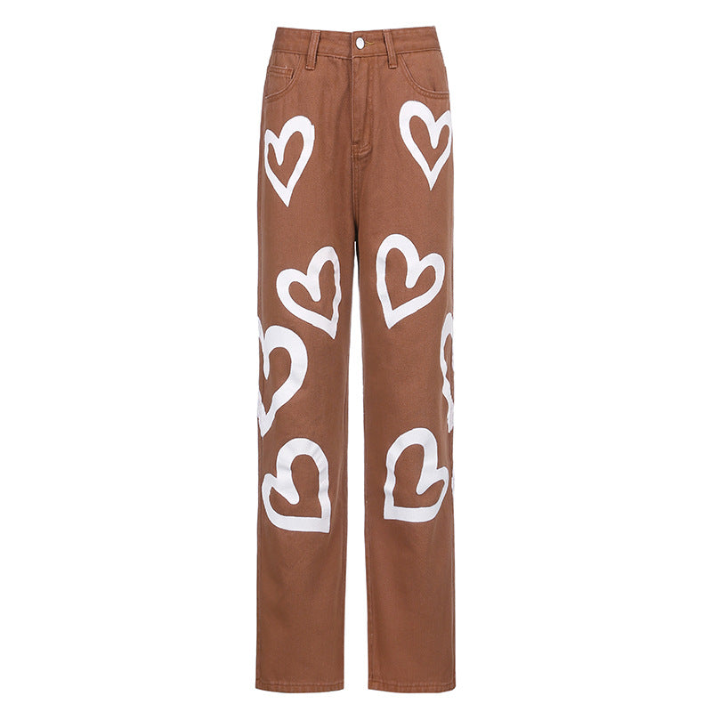 Celestine Armand | Heart Print High Waist Straight Jeans For Women