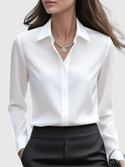 Vivienne Hartwell | Navy Blue Satin Long-Sleeve Button-Down Shirt