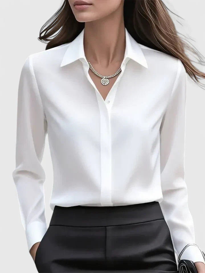 Vivienne Hartwell | Navy Blue Satin Long-Sleeve Button-Down Shirt