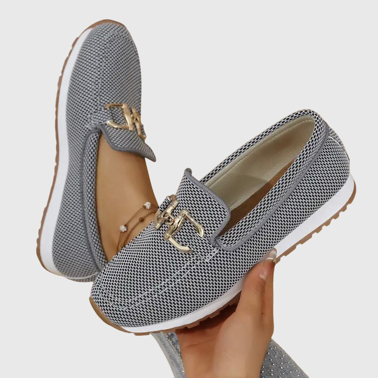 Seraphelle Dunbridge | Beige Mesh Slip-On Loafer Sneaker with Gold Horsebit