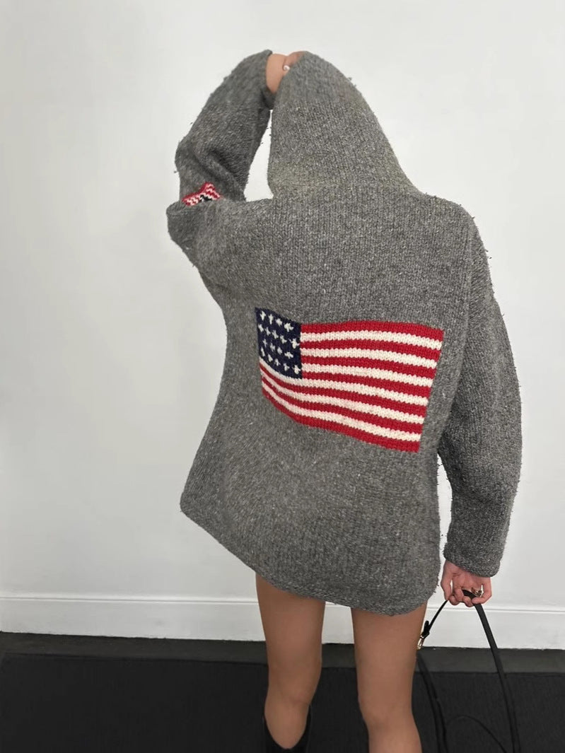 Madeleine Valmont | Grey Flag Veterans Day Zip Hoodie Cardigan For Women