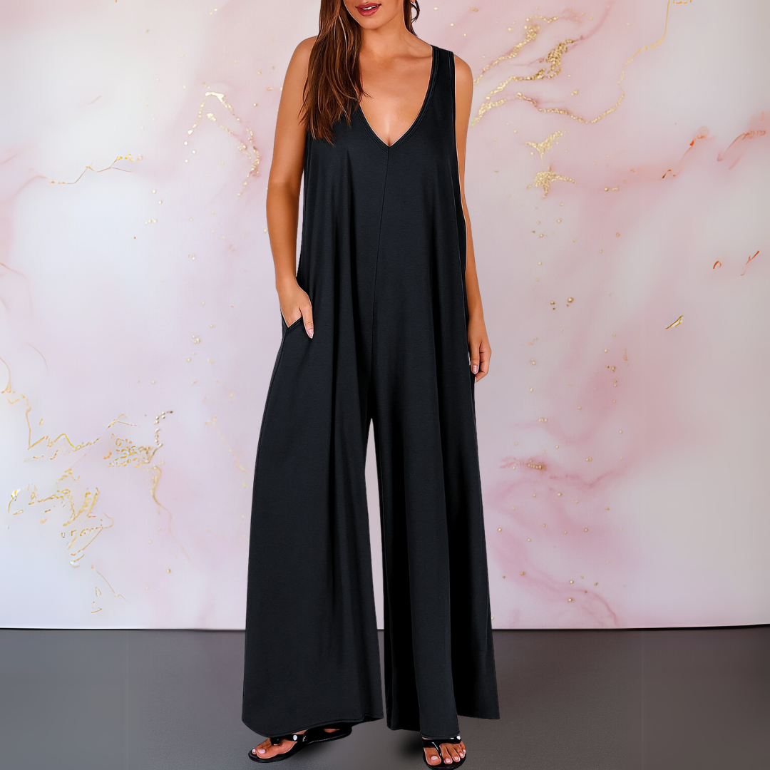 Vivienne Stormcroft | Black Sleeveless Wide Leg Jumpsuit with Pockets