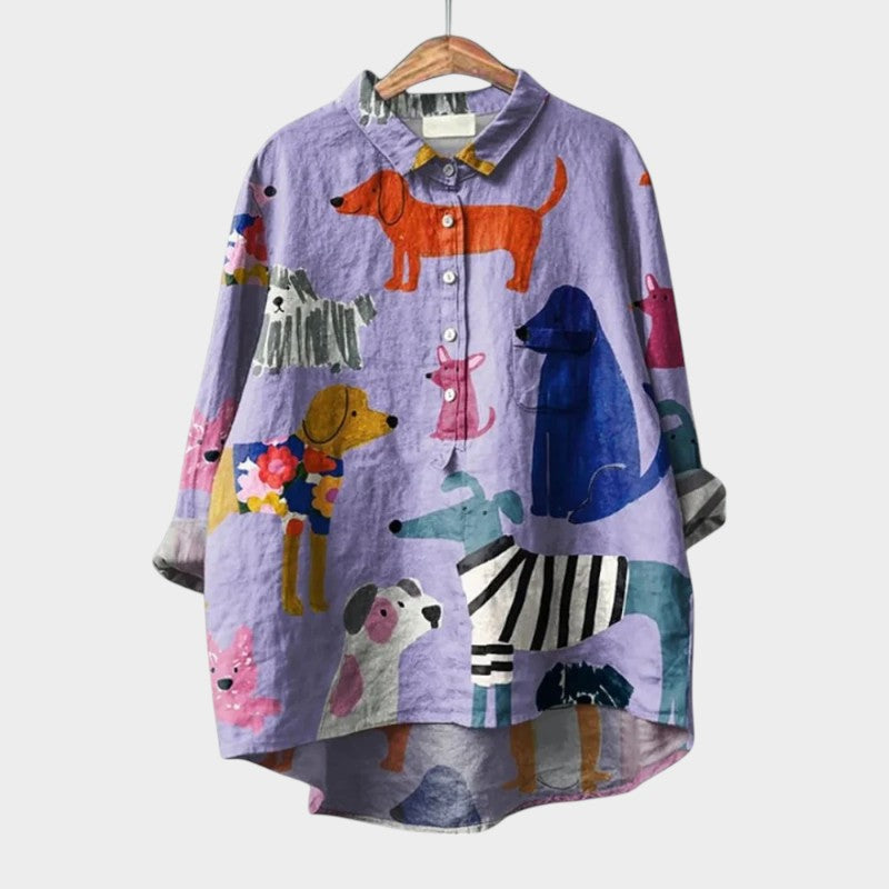 Catalina Beauvois | Purple Cartoon Dog Print Linen Blouse