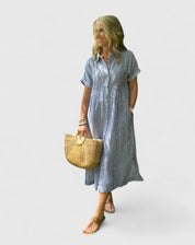 Marisol Cleverton | Blue Striped Linen Midi Shirt Dress