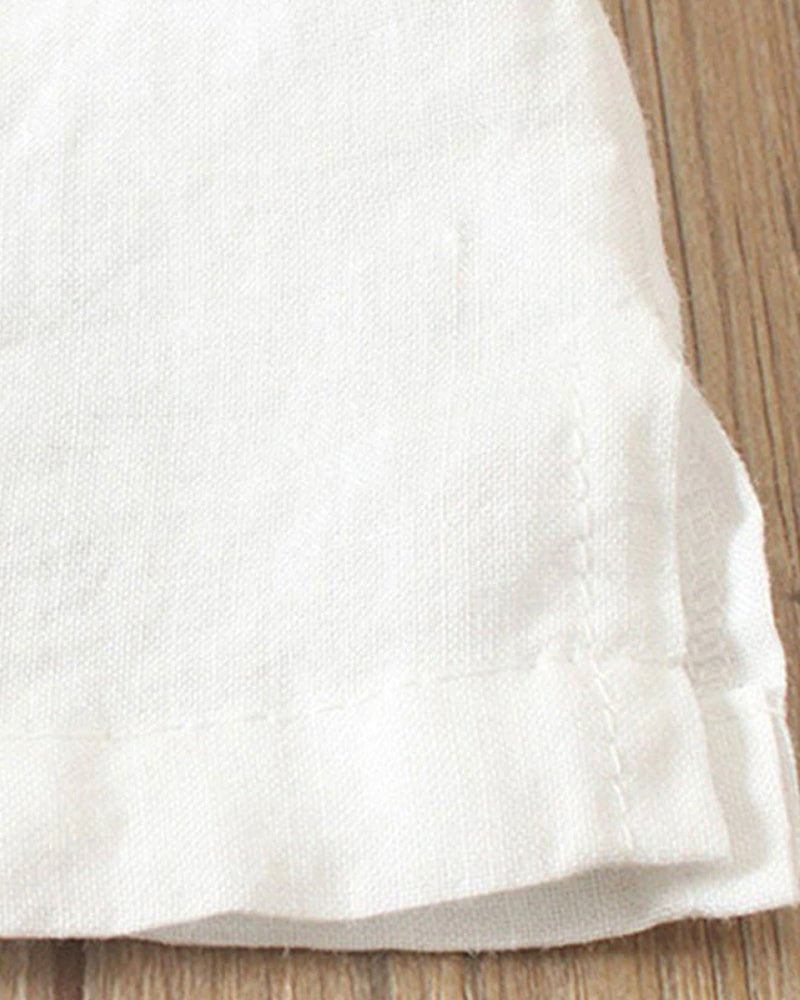 Céleste Dunvaux | Pink Linen Button Front Crew Neck Short Sleeve Top