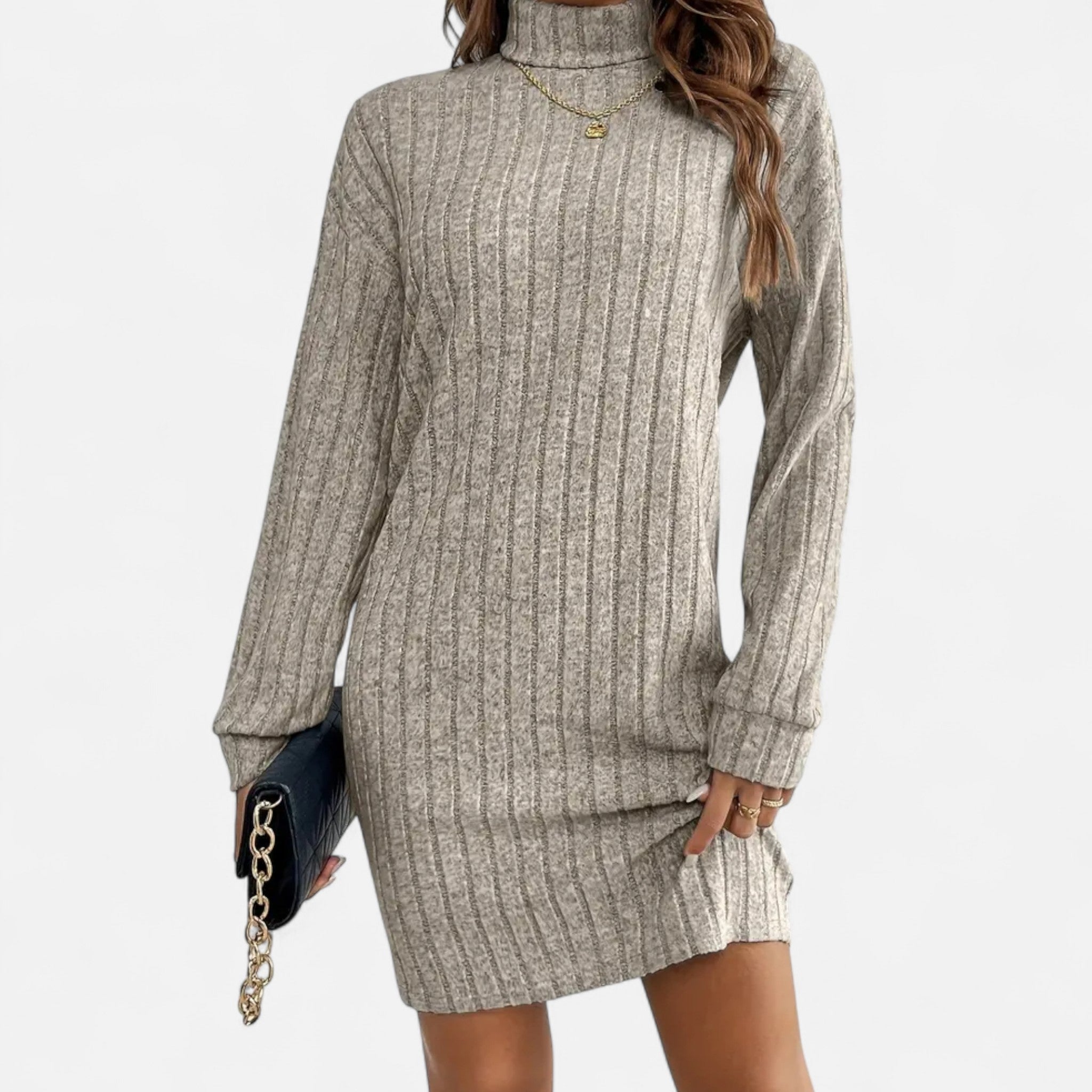 Vivienne Rousseau | Ribbed Knit Turtleneck Mini Dress For Women