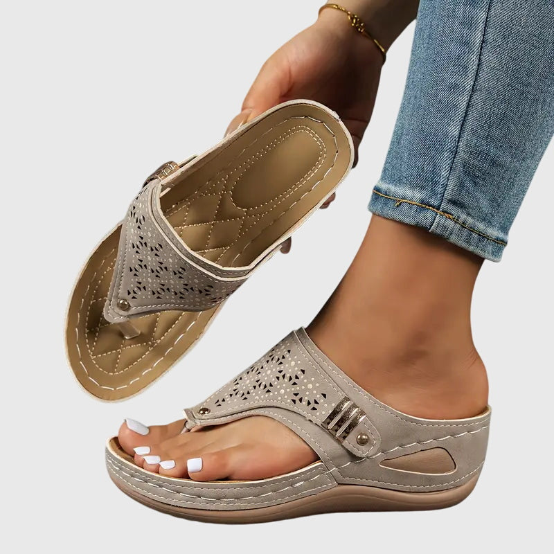 Serena Valmorcourt | Black Wedge Toe Loop Sandal with Laser Cut Detail