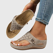 Serena Valmorcourt | Black Wedge Toe Loop Sandal with Laser Cut Detail