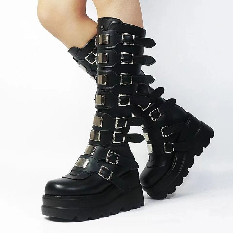 Vesper Montaigne | Metal Buckle Platform Knee-High Boots For Women