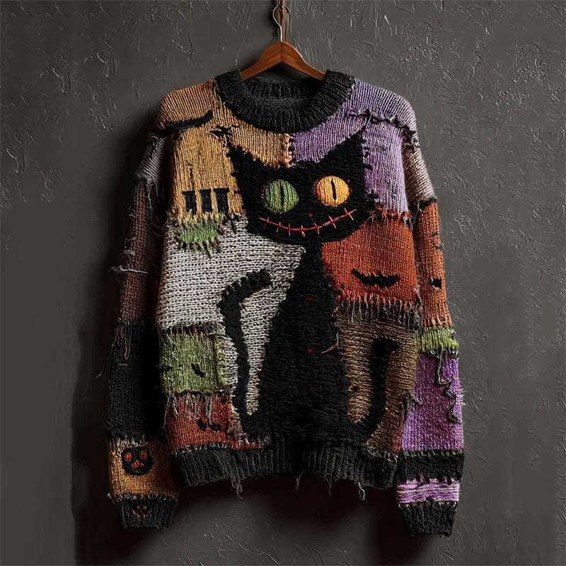 Marceline Duvall | Halloween Cat Print Chunky Knit Sweater For Women