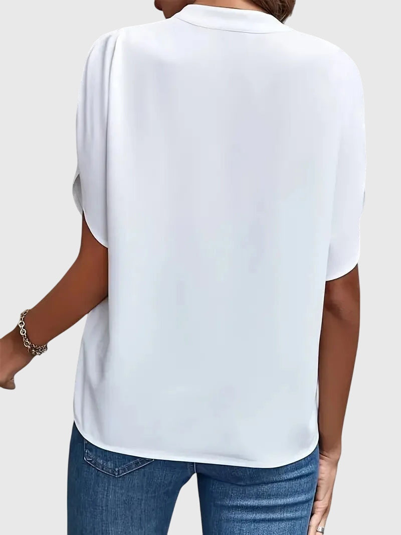 Sylvana Bretoncourt | White V-Neck Short Sleeve Blouse