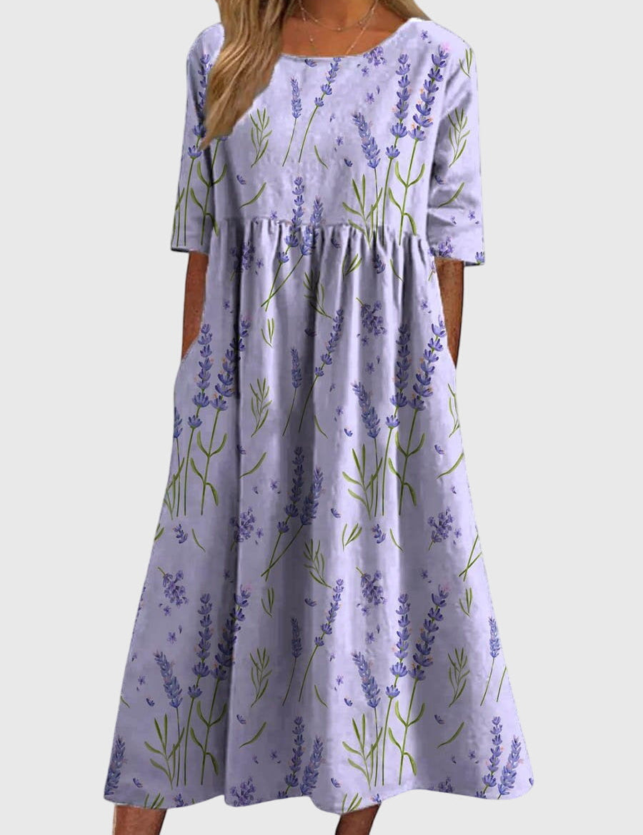 Rowena Beauclaire | Blue Floral Midi Dress with Half Sleeves