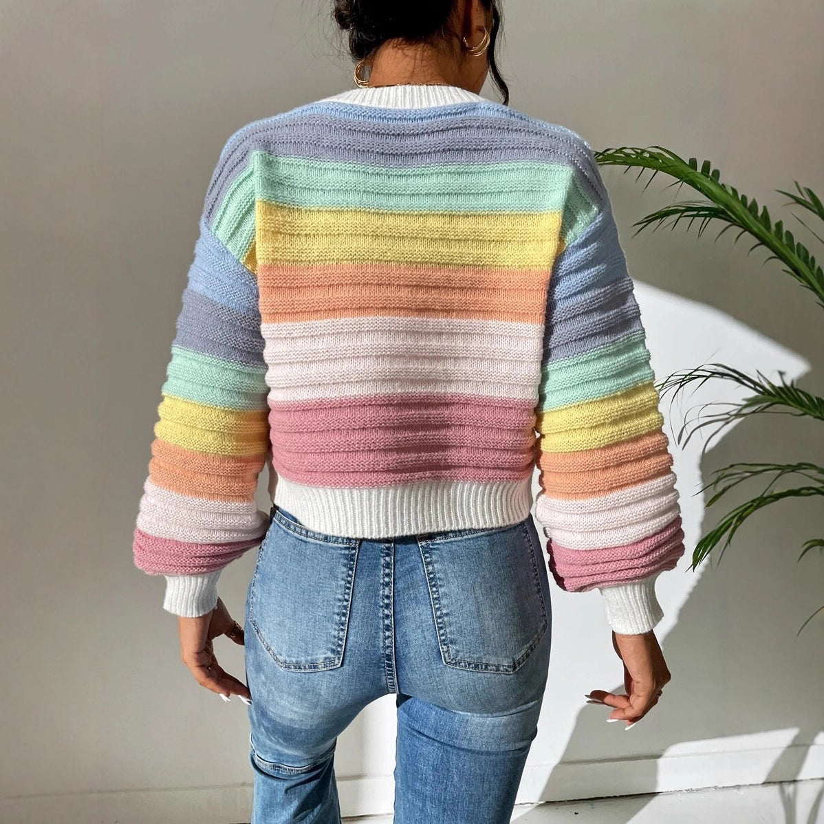 Celine Vosscroft | Rainbow Stripe Lantern Sleeve Crop Sweater For Women