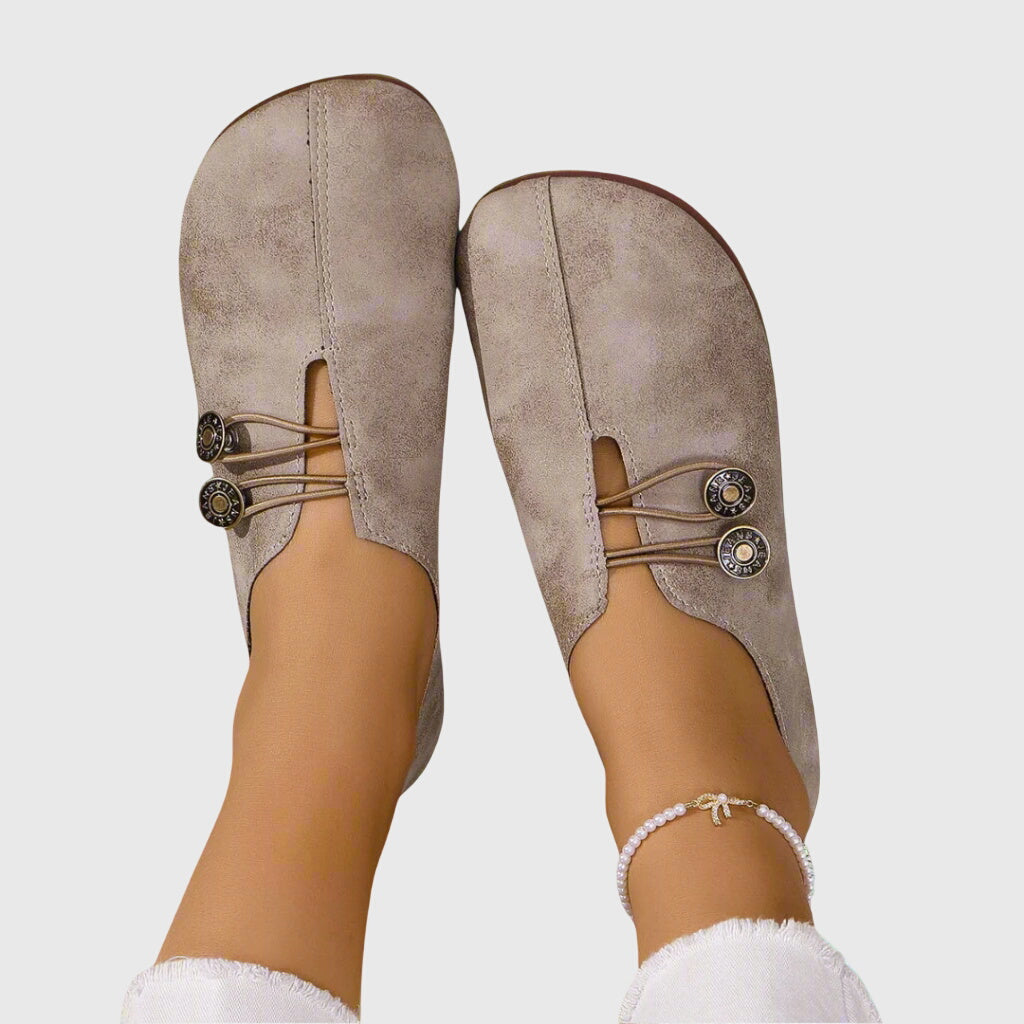 Aurelia Strandcourt | Vintage Brown Suede Slip-On Flats with Button Detail