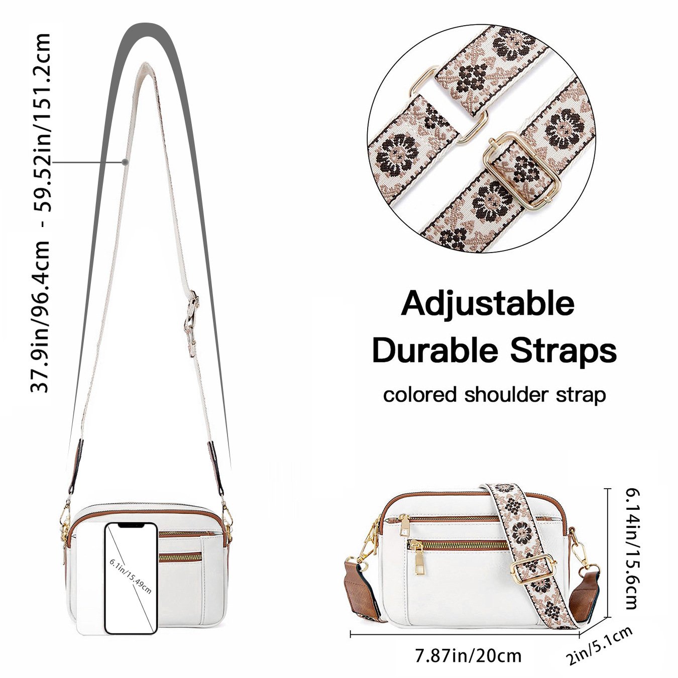 Henriette Beausoleil | White Leather Crossbody Bag with Floral Strap