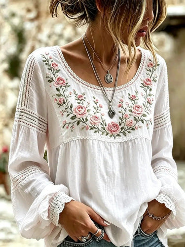 Colette Rimbaud | Retro Bohemian Floral Linen Blouse For Women