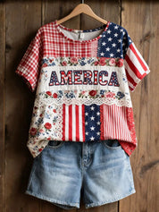 Brielle Davenport | Patchwork Patriotic Short Sleeve Top For Women