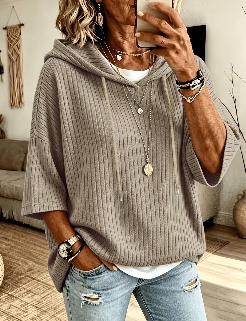 Cassandra Bellmore | Ribbed Hooded Drawstring Sweatshirt For Women