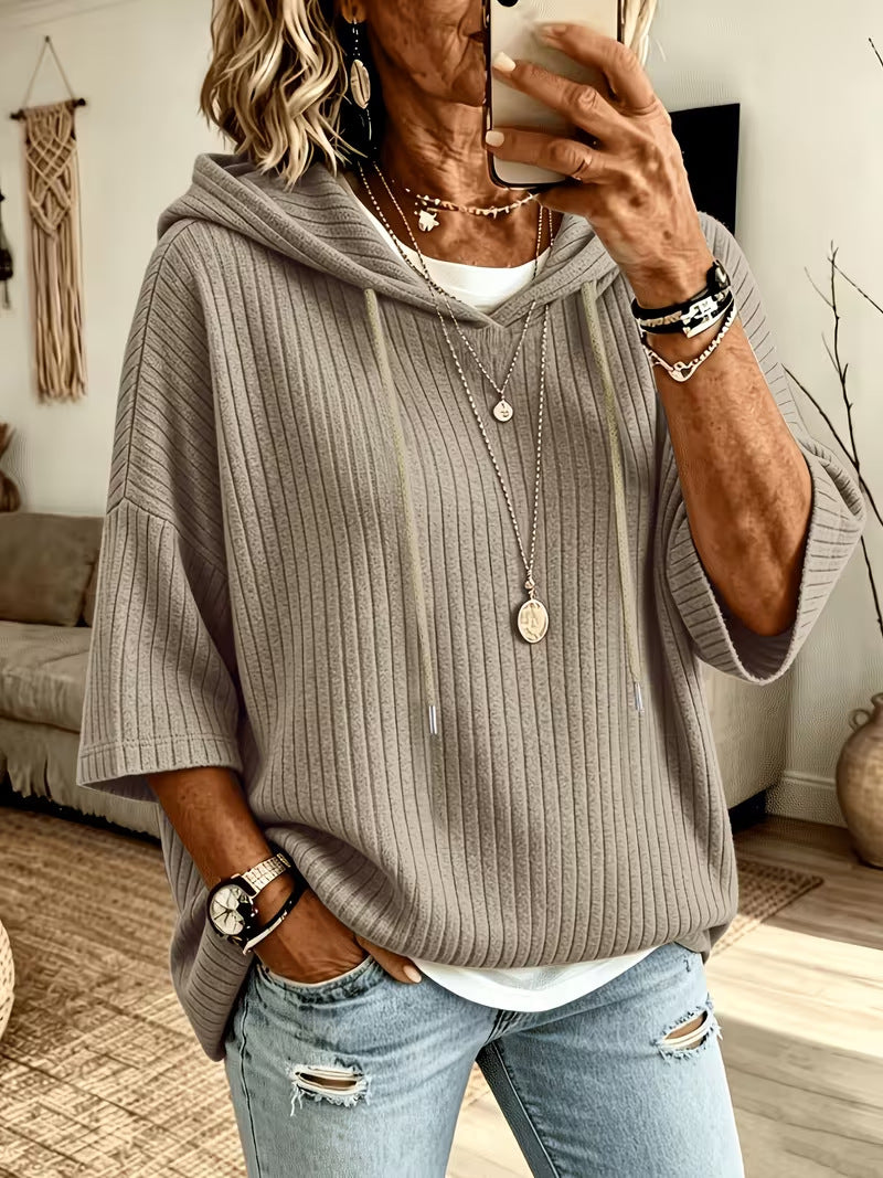 Cassandra Bellmore | Ribbed Hooded Drawstring Sweatshirt For Women