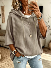 Cassandra Bellmore | Ribbed Hooded Drawstring Sweatshirt For Women