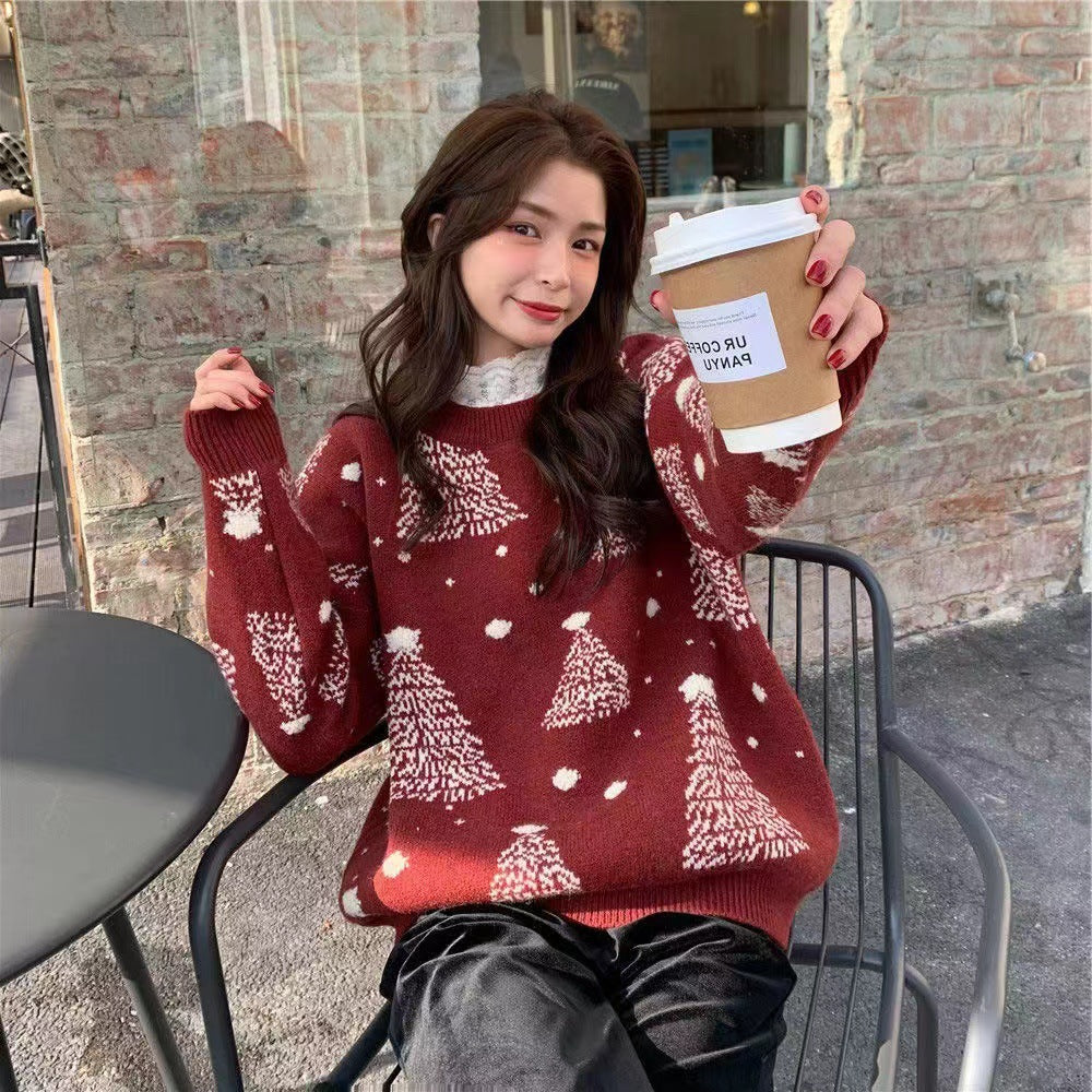 Snowy Eve | Red Tree Jacquard Christmas Sweater For Women