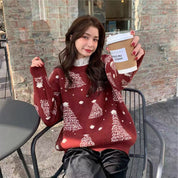 Snowy Eve | Red Tree Jacquard Christmas Sweater For Women