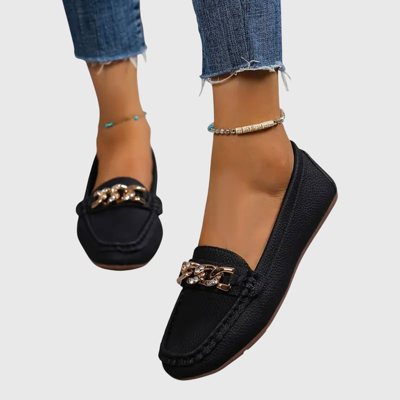 Camille Beaudreau | White Flat Loafers with Gold Chain Detail