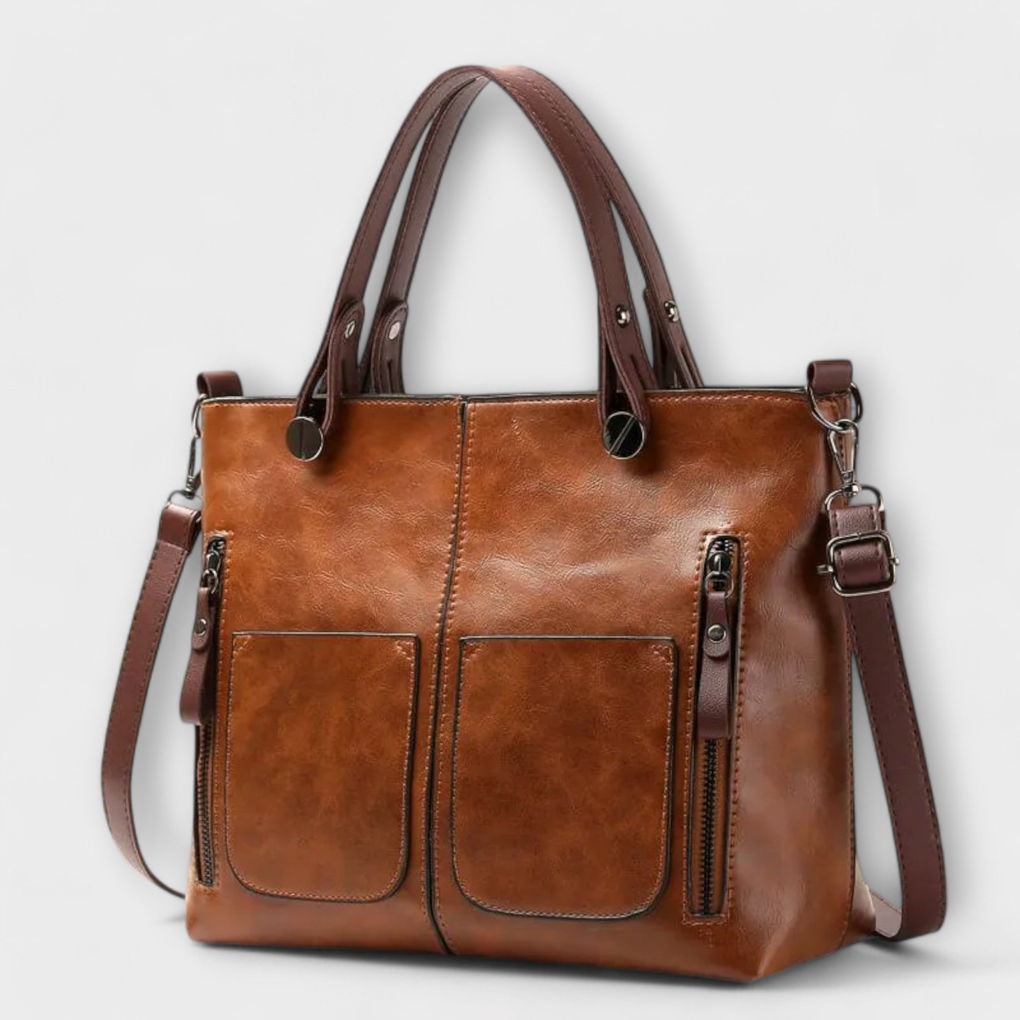 Genevieve Stourcourt | Brown Faux Leather Tote Bag with Front Pockets