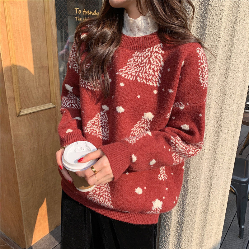 Snowy Eve | Red Tree Jacquard Christmas Sweater For Women
