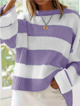 Lucienne Bardot | Striped Oversized Knit Sweater For Women