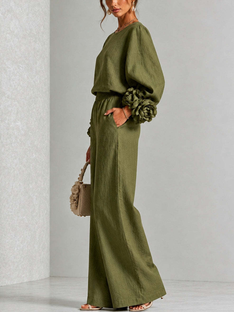 Oaklyn Merfield | Ruffle Cuff Top & Wide Leg Pants Set For Women