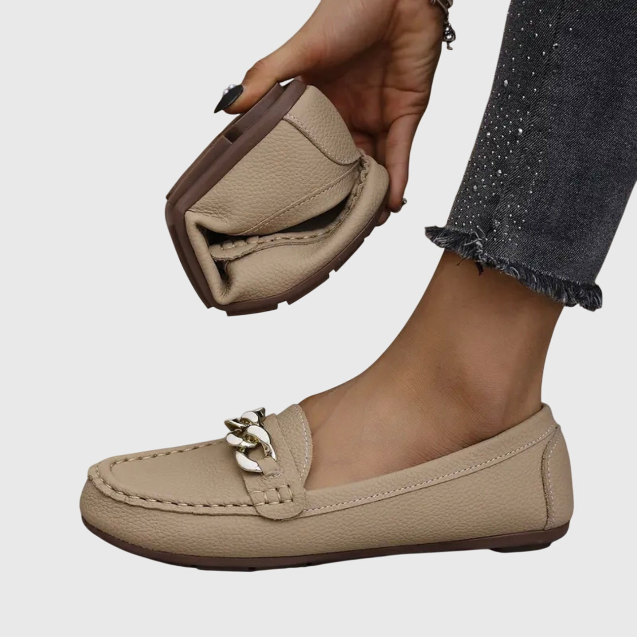 Camille Beaudreau | White Flat Loafers with Gold Chain Detail