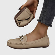 Camille Beaudreau | White Flat Loafers with Gold Chain Detail