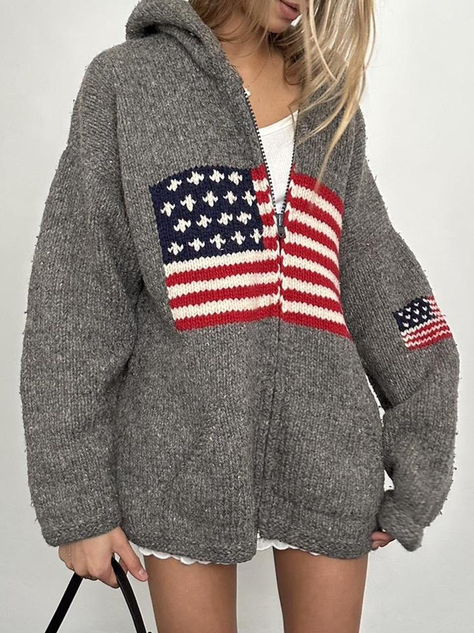 Madeleine Valmont | Grey Flag Veterans Day Zip Hoodie Cardigan For Women